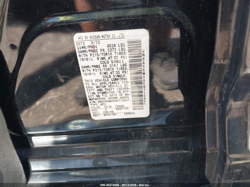 2012 Nissan Rogue VIN JN8AS5MVXCW713401 IAAI salvage auction — FRONT END, Salvage Title, sold $450 on 2026-07-14 (photo 9)