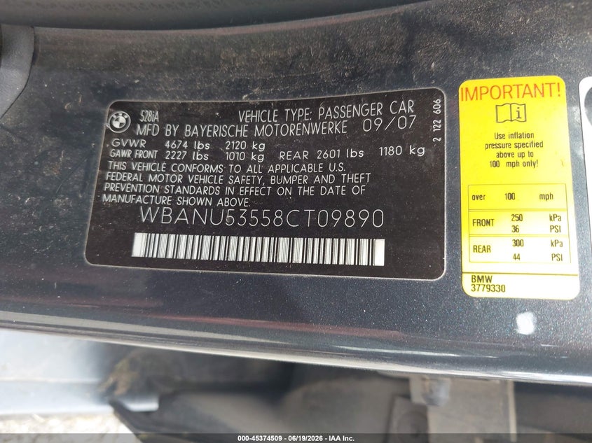 2008 BMW 5er VIN WBANU53558CT09890 IAAI salvage auction — REAR END, Clear (Oklahoma), sold $450 on 2026-08-04 (photo 9)