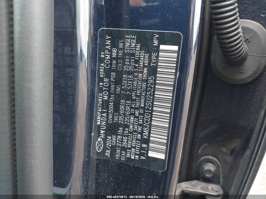 2025 Hyundai Tucson VIN KM8JCDD12SU252295 IAAI salvage auction — LEFT FRONT, Salvage Title, sold $9,800 on 2026-07-22 (photo 9)