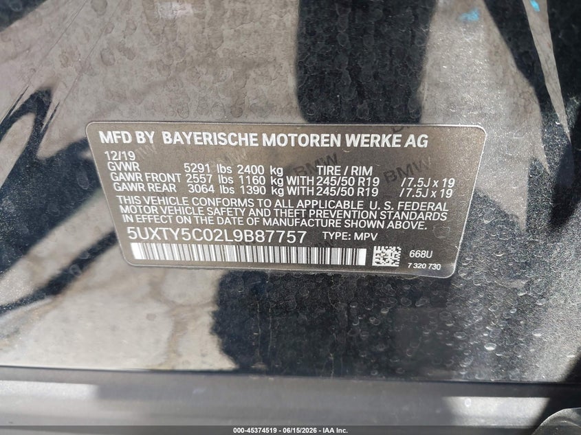 2020 BMW X3 VIN 5UXTY5C02L9B87757 IAAI salvage auction — FRONT END, Salvage (California), sold $4,650 on 2026-07-28 (photo 9)