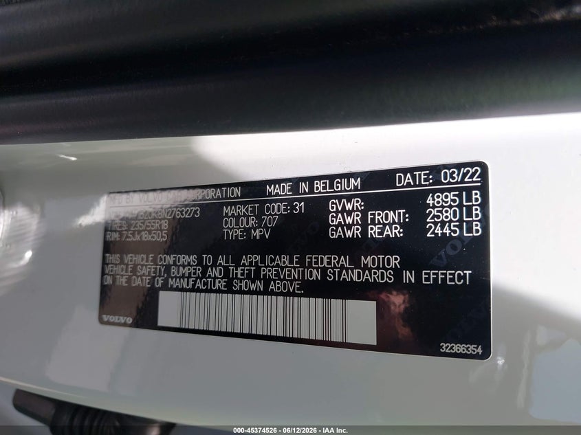 2022 Volvo Xc40 VIN YV4162UK8N2763273 IAAI salvage auction — LEFT REAR, Salvage Title, sold $25 on 2026-07-24 (photo 9)