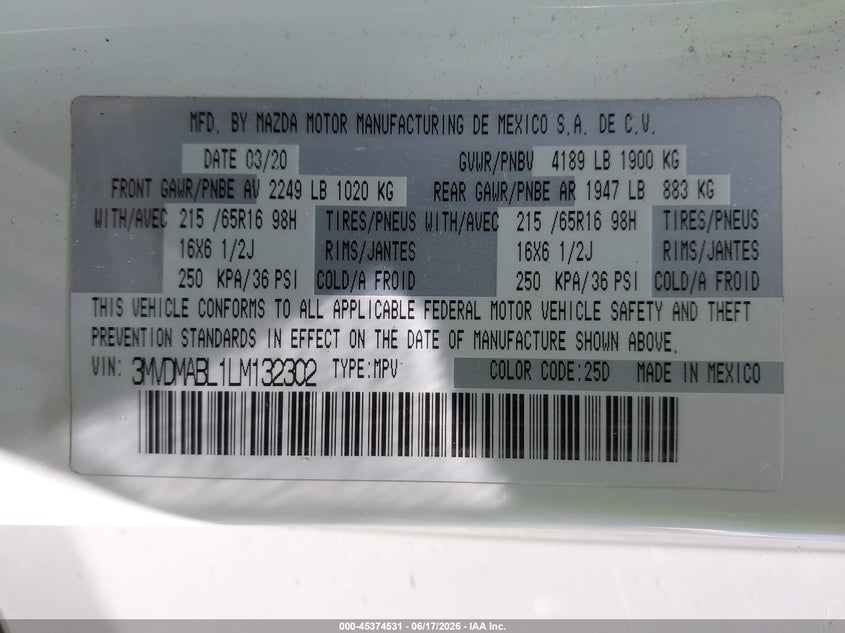 2020 Mazda Cx-30 VIN 3MVDMABL1LM132302 IAAI salvage auction — SIDE, Original (Texas), sold $4,150 on 2026-07-22 (photo 9)