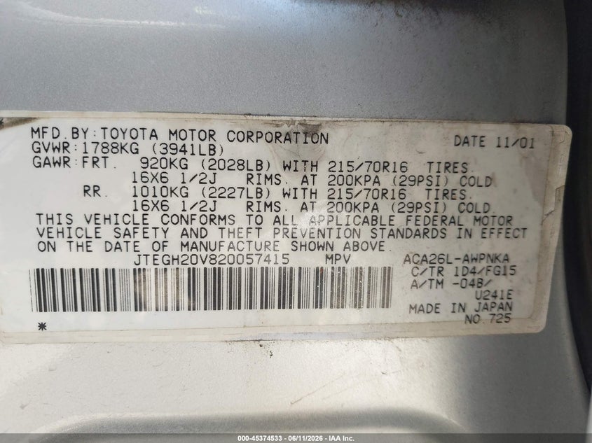2002 Toyota Rav 4 VIN JTEGH20V820057415 IAAI salvage auction — NORMAL WEAR, Clear - Dealer Only (California), sold $850 on 2026-07-22 (photo 9)