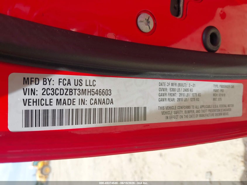 2021 Dodge Challenger VIN 2C3CDZBT3MH546603 IAAI salvage auction — FRONT END, Wait Title, sold $5,950 on 2026-09-11 (photo 9)
