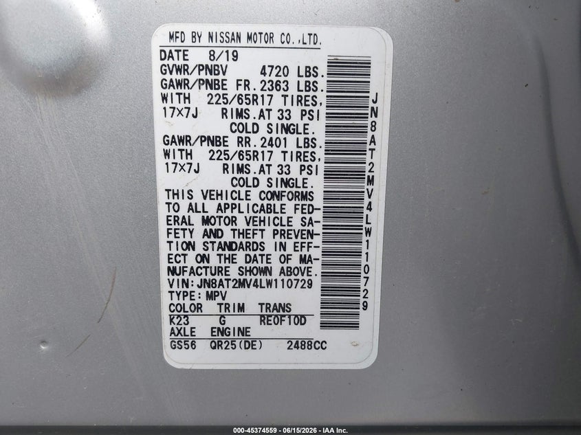 2020 Nissan Rogue VIN JN8AT2MV4LW110729 IAAI salvage auction — FRONT END, Salvage Title, sold $4,600 on 2026-07-24 (photo 9)