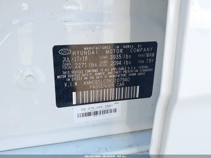 2019 Hyundai Ioniq hybrid VIN KMHC65LC3KU107940 IAAI salvage auction — RIGHT REAR, SF97 (California), sold $7,100 on 2026-07-29 (photo 9)