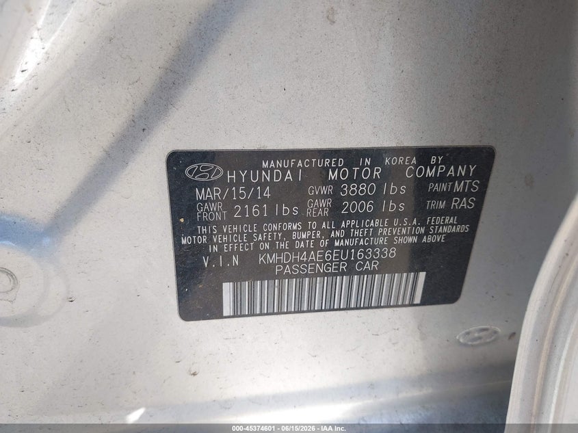 2014 Hyundai Elantra VIN KMHDH4AE6EU163338 IAAI salvage auction — RIGHT SIDE, Salvage - Greater Than 75% (Maryland), sold $1,650 on 2026-07-15 (photo 9)