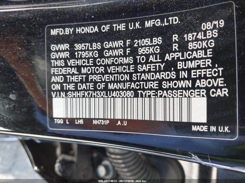 2020 Honda Civic VIN SHHFK7H3XLU403080 IAAI salvage auction — FRONT END, Salvage Title, sold $3,450 on 2026-07-21 (photo 9)
