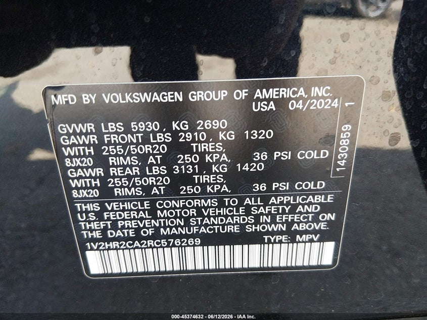 2024 Volkswagen Atlas VIN 1V2HR2CA2RC576269 IAAI salvage auction — FRONT END, Salvage Title, sold $7,125 on 2026-08-24 (photo 9)