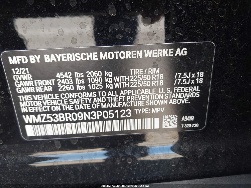 2022 Mini Countryman VIN WMZ53BR09N3P05123 IAAI salvage auction — LEFT FRONT, Salvage Title, sold $7,300 on 2026-07-29 (photo 9)