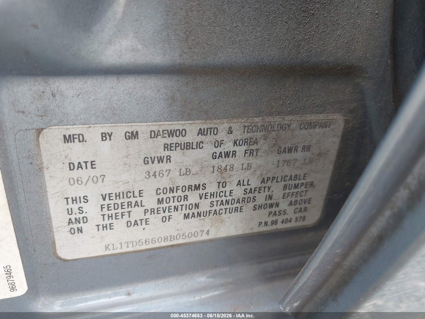 2008 Chevrolet Aveo VIN KL1TD56608B050074 IAAI salvage auction — REAR END, Salvage (Ohio), sold $275 on 2026-07-06 (photo 9)