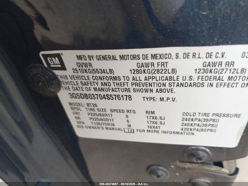 2004 Buick Rendezvous VIN 3G5DB03704S576178 IAAI salvage auction — SIDE, Salvage (Indiana), sold $400 on 2026-07-08 (photo 9)