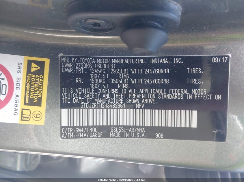 2017 Toyota Highlander VIN 5TDJZRFH2HS482961 IAAI salvage auction — LEFT SIDE, Salvage (Massachusetts), sold $10,950 on 2026-07-08 (photo 9)
