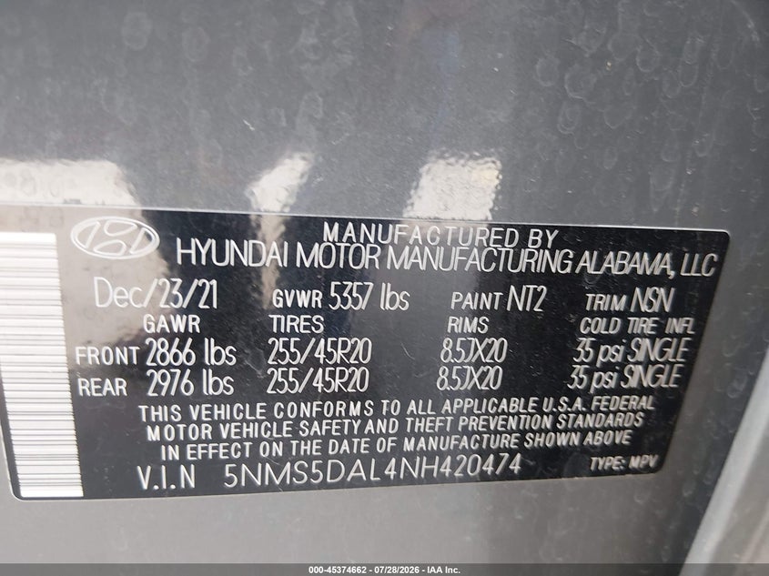 2022 Hyundai Santa fe VIN 5NMS5DAL4NH420474 IAAI salvage auction — REAR END, Original (Texas), sold $14,000 on 2026-09-01 (photo 9)