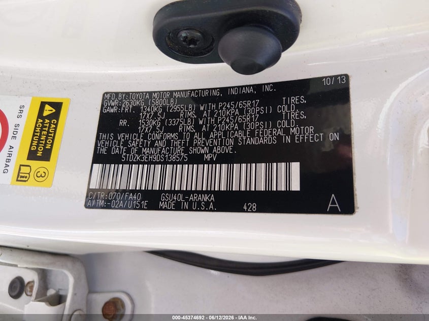 2013 Toyota Highlander VIN 5TDZK3EH9DS138575 IAAI salvage auction — REAR END, Salvage (Louisiana), sold $3,000 on 2026-07-07 (photo 9)