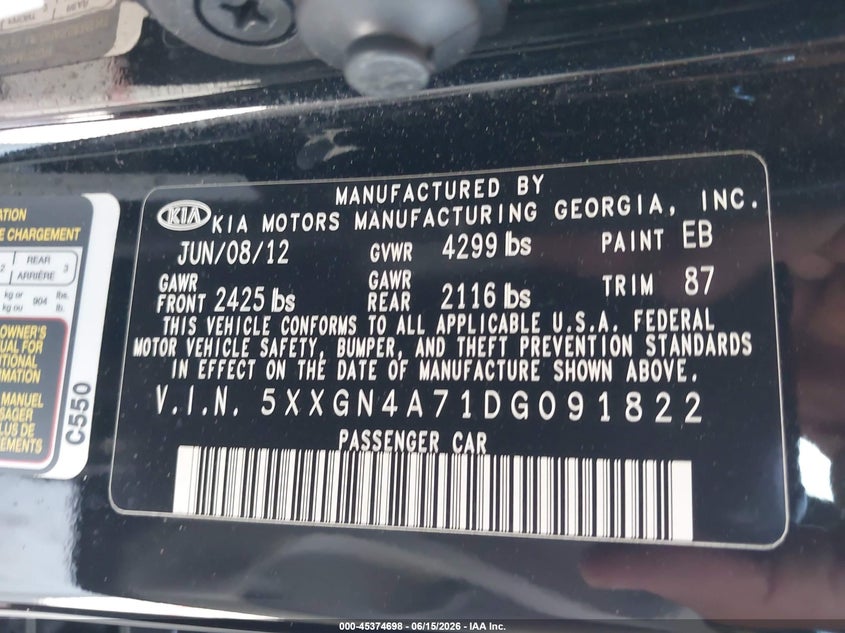2013 Kia Optima VIN 5XXGN4A71DG091822 IAAI salvage auction — FRONT END, Rebuildable (Florida), sold $600 on 2026-07-08 (photo 9)