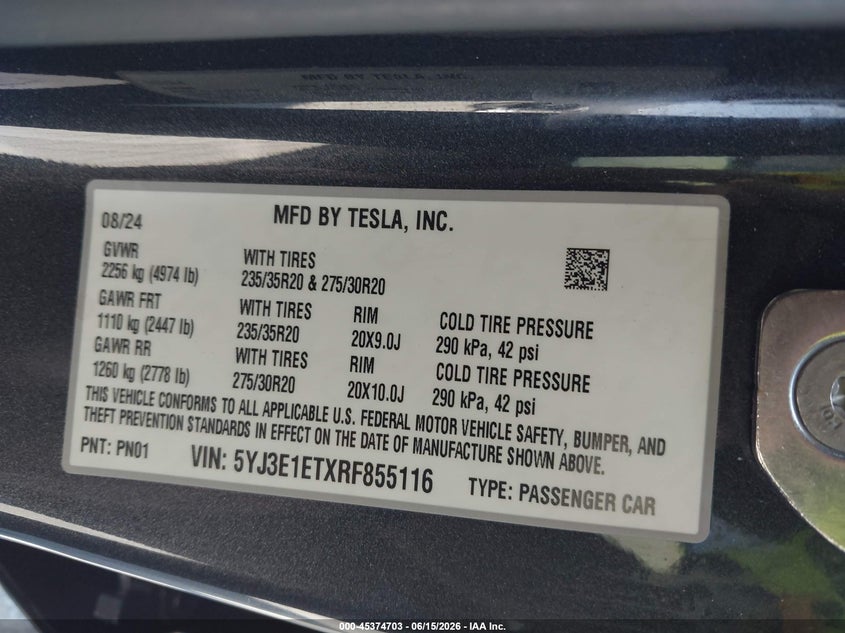 2024 Tesla Model 3 VIN 5YJ3E1ETXRF855116 IAAI salvage auction — FRONT END, Salvage (California), sold $17,700 on 2026-09-09 (photo 9)