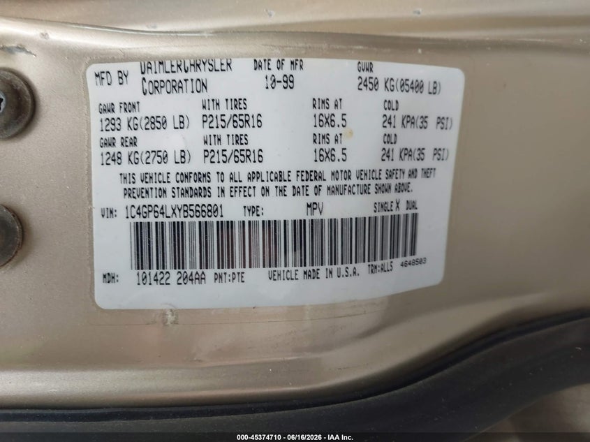 2000 Chrysler Town & country VIN 1C4GP64LXYB566801 IAAI salvage auction — LEFT FRONT, Salvage (North Carolina), sold $250 on 2026-07-09 (photo 9)