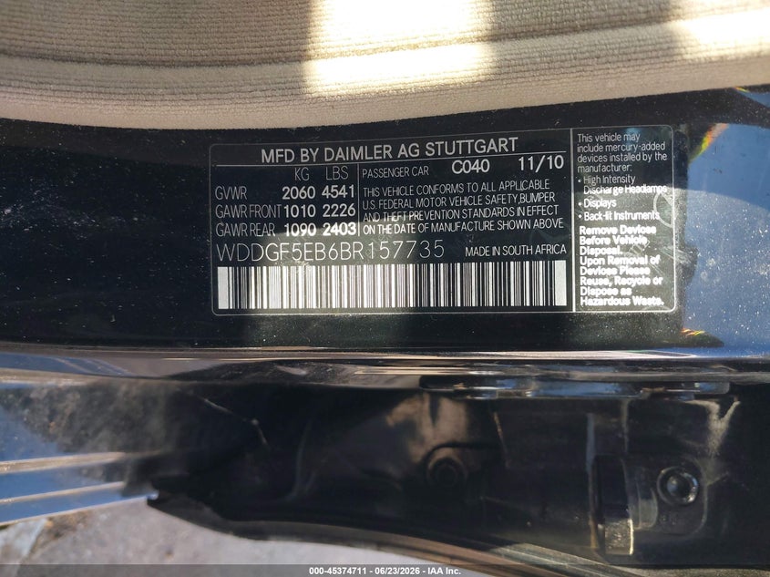 2011 Mercedes-benz C-klasse VIN WDDGF5EB6BR157735 IAAI salvage auction — FRONT END, Salvage (Tennessee), sold $250 on 2026-07-07 (photo 9)