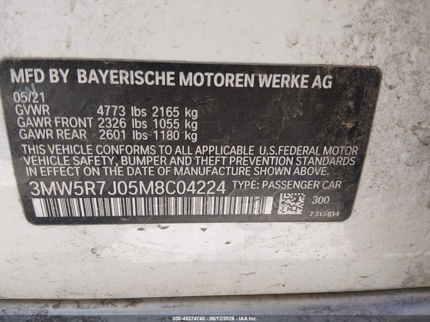 2021 BMW 3er VIN 3MW5R7J05M8C04224 IAAI salvage auction — THEFT, Salvage Title, sold $11,650 on 2026-07-28 (photo 9)