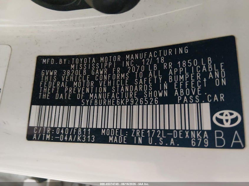 2019 Toyota Corolla VIN 5YFBURHE6KP926526 IAAI salvage auction — REAR END, Salvage (Tennessee), sold $1,600 on 2026-07-29 (photo 9)