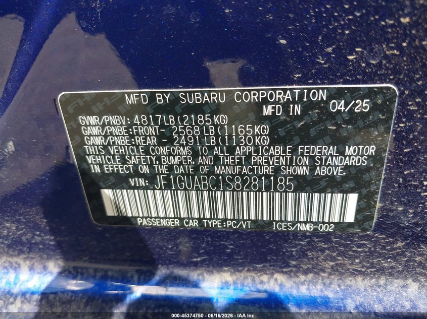 2025 Subaru Impreza VIN JF1GUABC1S8281185 IAAI salvage auction — REAR END, Clear (Michigan), sold $6,800 on 2026-07-26 (photo 9)