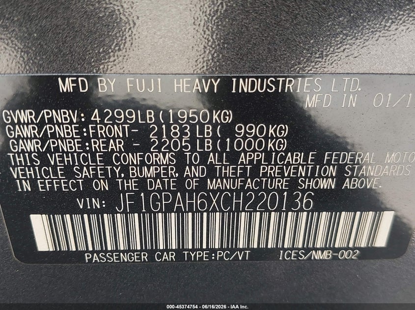2012 Subaru Impreza VIN JF1GPAH6XCH220136 IAAI salvage auction — FRONT & REAR, Salvage (California), sold $675 on 2026-07-08 (photo 9)