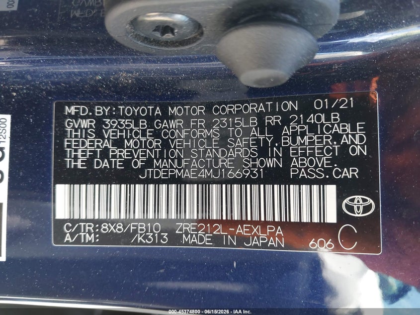 2021 Toyota Corolla VIN JTDEPMAE4MJ166931 IAAI salvage auction — SIDE, Salvage Title, sold $3,900 on 2026-07-14 (photo 9)