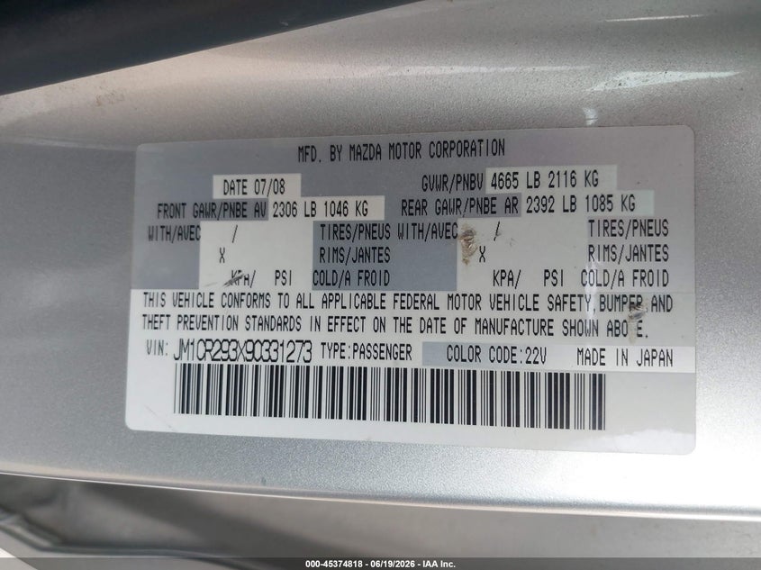2009 Mazda 5 VIN JM1CR293X90331273 IAAI salvage auction — NORMAL WEAR, Clear (Virginia), sold $1,125 on 2026-07-09 (photo 9)
