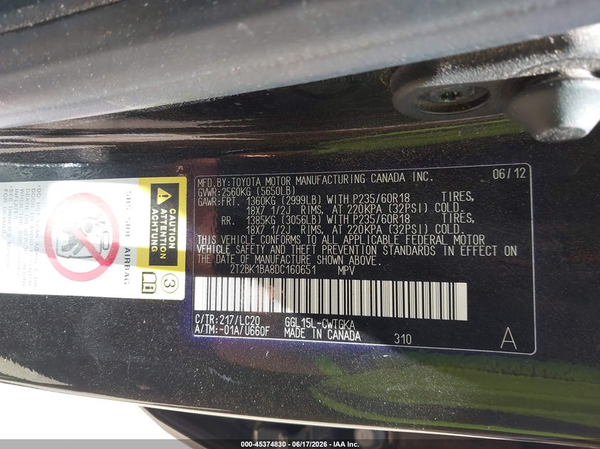 2013 Lexus VIN 2T2BK1BA8DC160651 IAAI salvage auction — HAIL, Salvage Title, sold $4,950 on 2026-08-24 (photo 9)