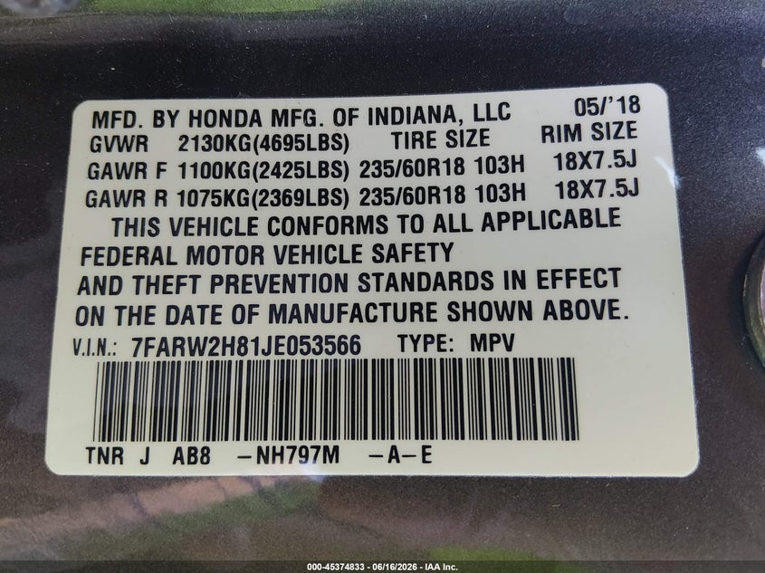 2018 Honda Cr-v VIN 7FARW2H81JE053566 IAAI salvage auction — LEFT FRONT, Salvage Title, sold $7,100 on 2026-07-26 (photo 9)