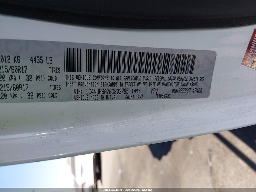 2016 Jeep Liberty (patriot) VIN 1C4NJPBA7GD803795 IAAI salvage auction — FRONT END, Salvage Title, sold $1,650 on 2026-08-14 (photo 9)