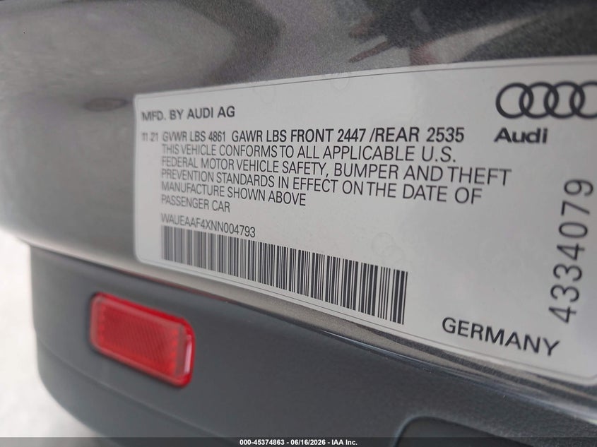 2022 Audi A4 VIN WAUEAAF4XNN004793 IAAI salvage auction — SIDE, Salvage (North Carolina), sold $7,250 on 2026-07-29 (photo 9)