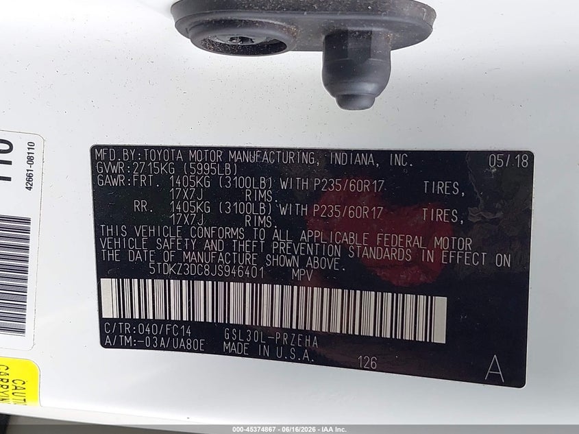 2018 Toyota Sienna VIN 5TDKZ3DC8JS946401 IAAI salvage auction — RIGHT FRONT, Salvage (Ohio), sold $8,150 on 2026-07-08 (photo 9)