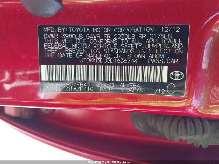 2013 Toyota Prius VIN JTDKN3DU3D1636744 IAAI salvage auction — NORMAL WEAR, Clear (Illinois), sold $975 on 2026-07-20 (photo 9)