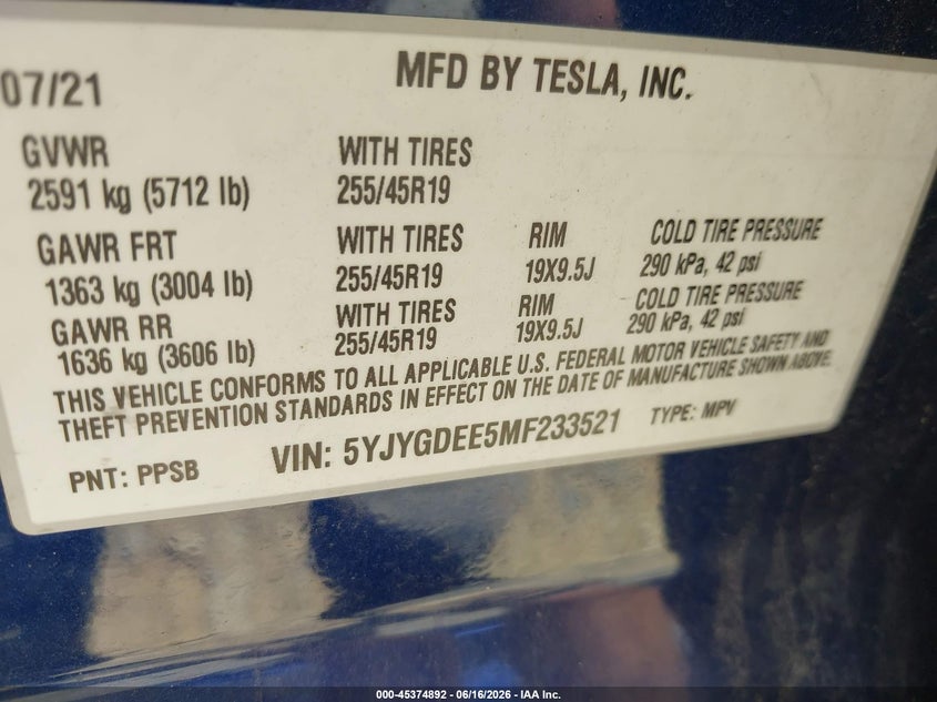 2021 Tesla Model y VIN 5YJYGDEE5MF233521 IAAI salvage auction — LEFT FRONT, Salvage Title, sold $6,500 on 2026-08-19 (photo 9)