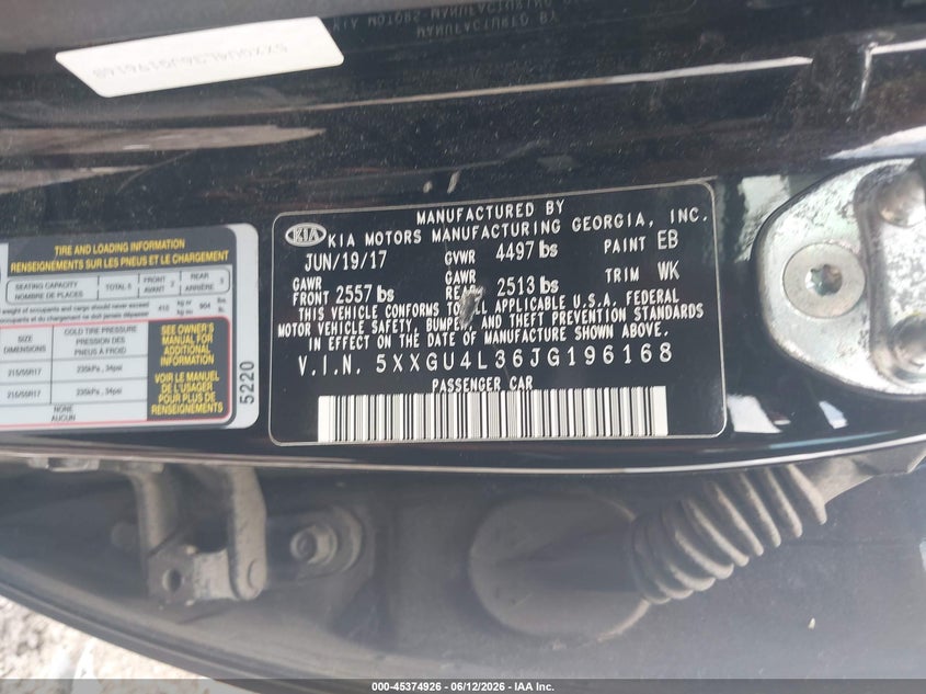 2018 Kia Optima VIN 5XXGU4L36JG196168 IAAI salvage auction — FRONT END, Original (Texas), sold $875 on 2026-07-30 (photo 9)