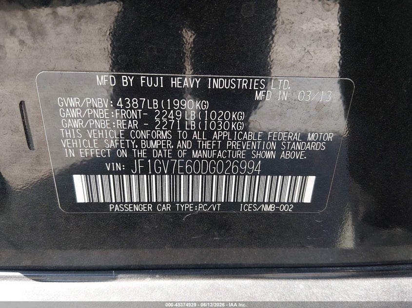 2013 Subaru Impreza wrx VIN JF1GV7E60DG026994 IAAI salvage auction — RIGHT REAR, Salvage (California), sold $3,400 on 2026-07-13 (photo 9)