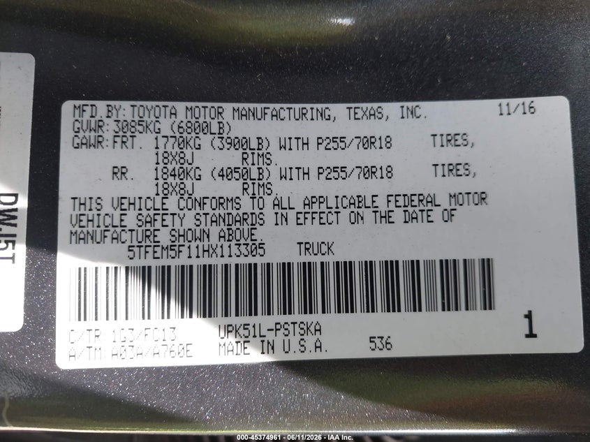 2017 Toyota Tundra VIN 5TFEM5F11HX113305 IAAI salvage auction — LEFT REAR, Clear - Dealer Only (California), sold $11,750 on 2026-07-20 (photo 9)