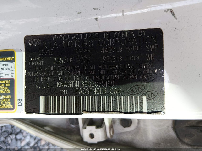 2016 Kia Optima VIN KNAGT4L39G5073199 IAAI salvage auction — FRONT END, Salvage (Idaho), sold $575 on 2026-07-31 (photo 9)