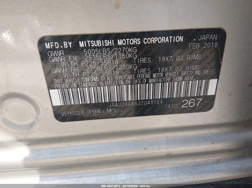 2018 Mitsubishi Outlander VIN JA4JZ4AX6JZ048154 IAAI salvage auction — REAR END, Salvage Title, sold $3,400 on 2026-07-28 (photo 9)