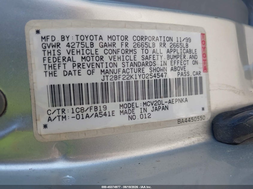 2000 Toyota Camry VIN JT2BF22K1Y0254547 IAAI salvage auction — RIGHT FRONT, Salvage (California), sold $325 on 2026-07-07 (photo 9)