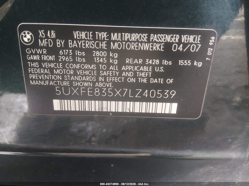 2007 BMW X5 VIN 5UXFE835X7LZ40539 IAAI salvage auction — SIDE, Salvage (Pennsylvania), sold $225 on 2026-07-20 (photo 9)