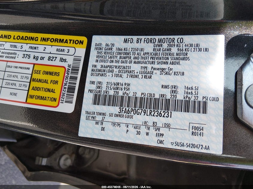2020 Ford Fusion VIN 3FA6P0G79LR236231 IAAI salvage auction — NORMAL WEAR, SF97 (Virginia), sold $11,375 on 2026-07-22 (photo 9)