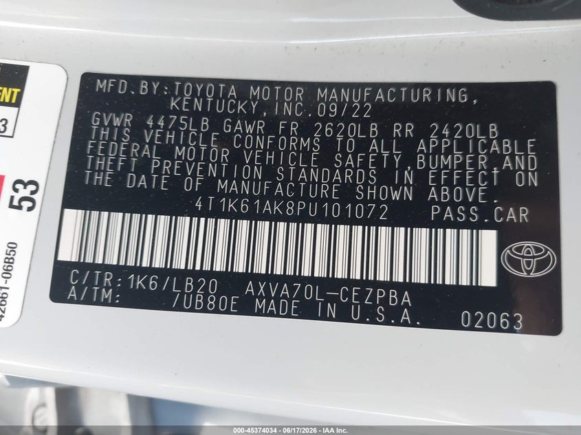 2023 Toyota Camry VIN 4T1K61AK8PU101072 IAAI salvage auction — REAR END, Salvage (California), sold $9,100 on 2026-07-09 (photo 9)