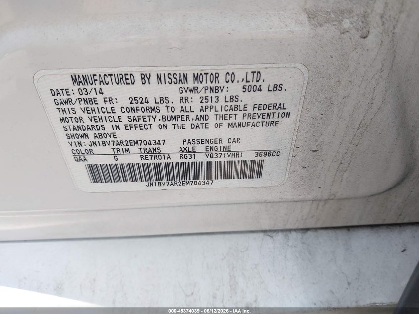 2014 Infiniti Q50 VIN JN1BV7AR2EM704347 IAAI salvage auction — NORMAL WEAR, Clear (New York), sold $1,750 on 2026-07-14 (photo 9)