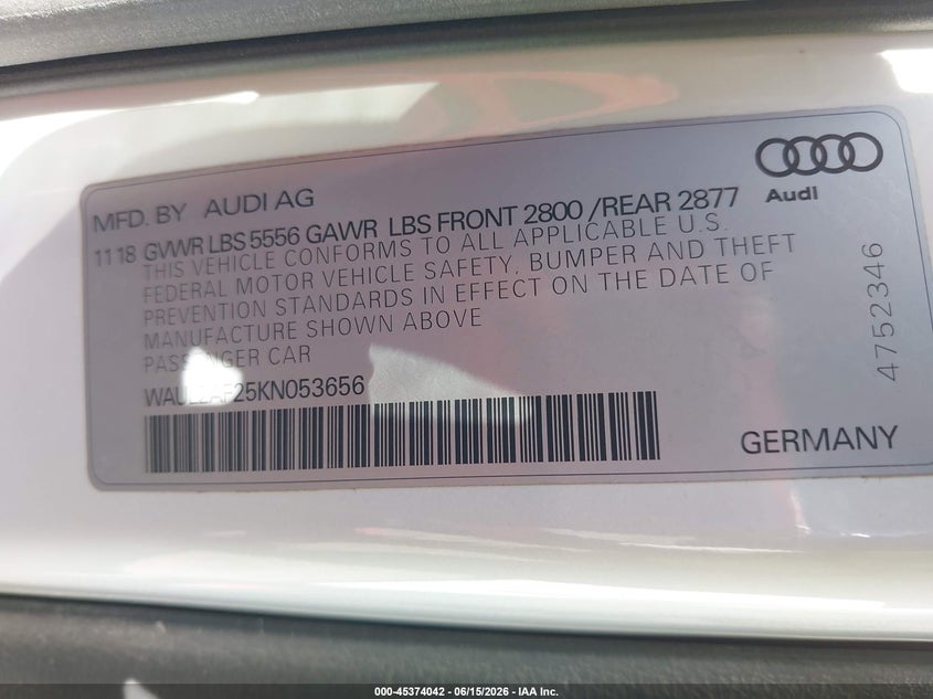 2019 Audi A6 VIN WAUL2AF25KN053656 IAAI salvage auction — NORMAL WEAR, Regular Certificate (Iowa), sold $7,100 on 2026-07-30 (photo 9)