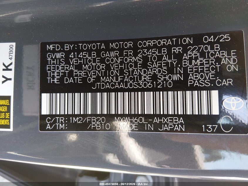 2025 Toyota Prius VIN JTDACAAU0S3061210 IAAI salvage auction — RIGHT SIDE, Salvage (California), sold $7,800 on 2026-07-15 (photo 9)