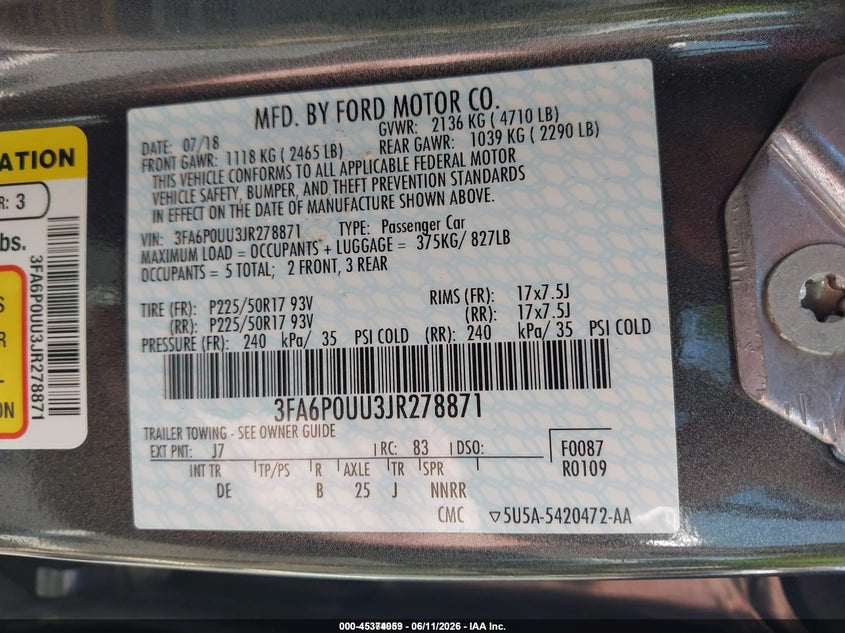 2018 Ford Fusion VIN 3FA6P0UU3JR278871 IAAI salvage auction — NORMAL WEAR, SF97 (Virginia), sold $12,100 on 2026-07-22 (photo 9)