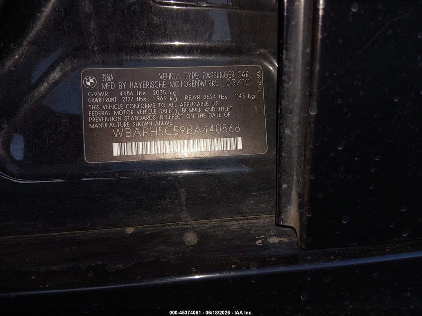 2011 BMW 3 series VIN WBAPH5C59BA440868 IAAI salvage auction — UNKNOWN, Salvage (Arizona), sold $600 on 2026-07-14 (photo 9)